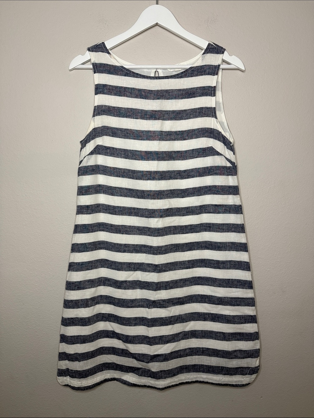beachlunchlounge "Alina" Navy White Striped Linen Blend Shift Dress S - [PS513]
